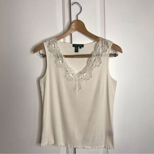 Lauren Ralph Lauren Ivory Ribbed Tank Top with Lace Neckline Size Large